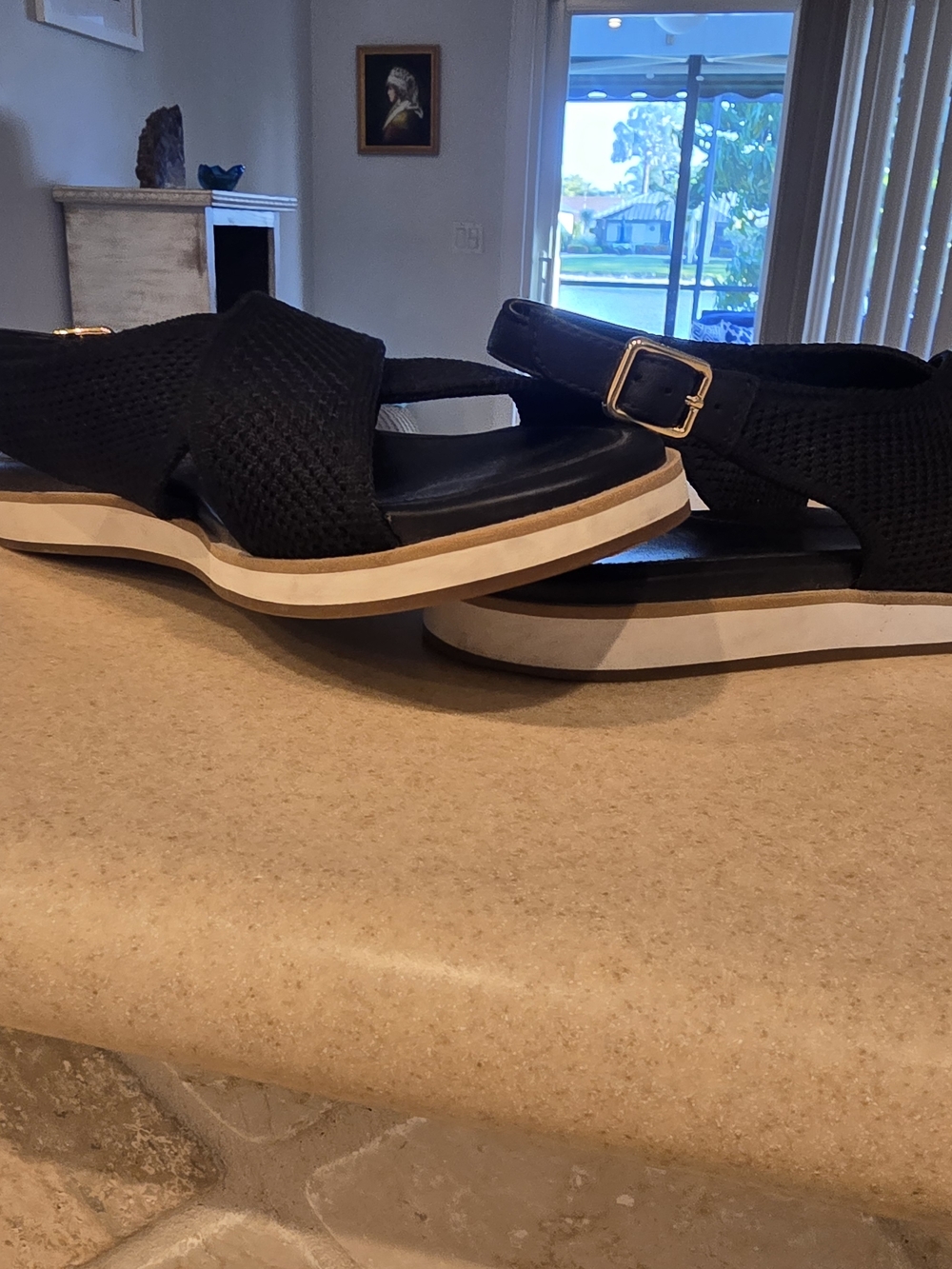 Cole Haan Black Woven Platform Sandals with Gold Buckle Grand Series